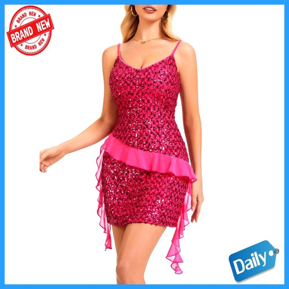 Glitter Sequin Mini Dress Adjustable Straps Ruffled Party Clubwear Sparkle